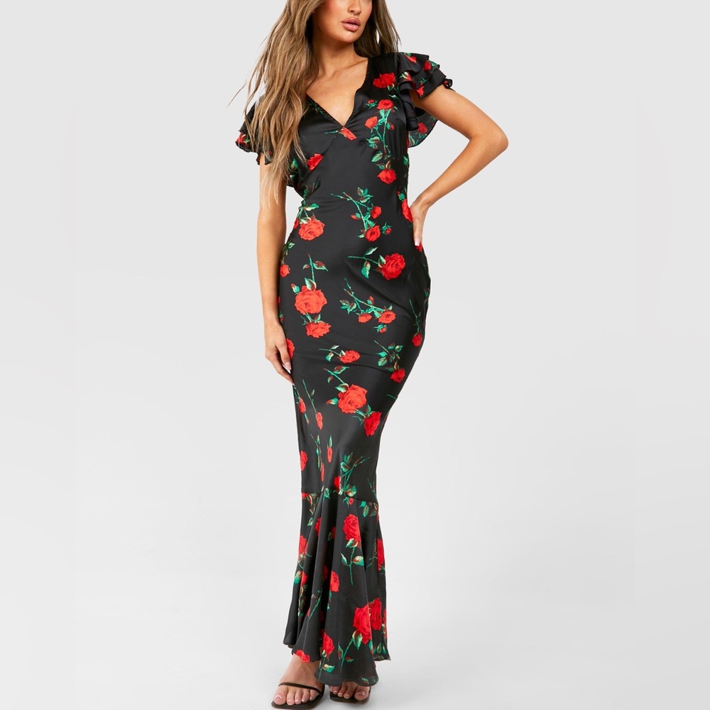Boohoo Rose Print Frill Sleeve Maxi Dress- US 12 & US 6 
NWT